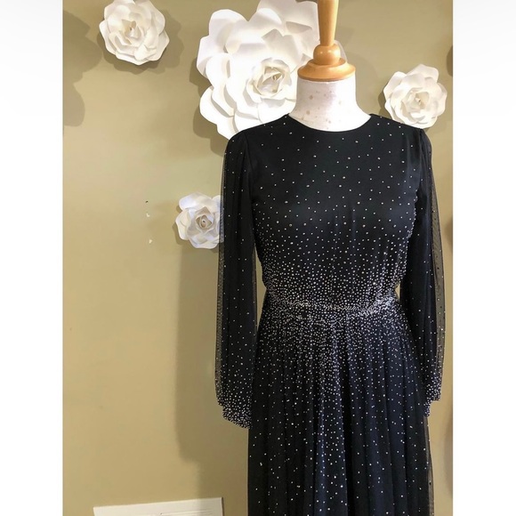 Black Chiffon Modest Evening Gown with rhinestones - Picture 3 of 7